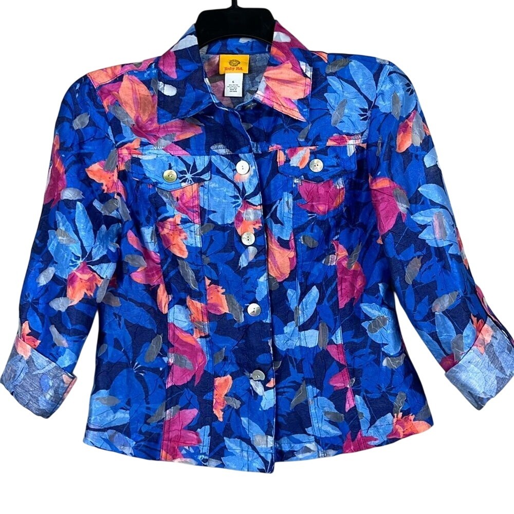 Ruby Rd Collared Sheer 3/4 Sleeve‎ Blouse Button Up Womens Size 6